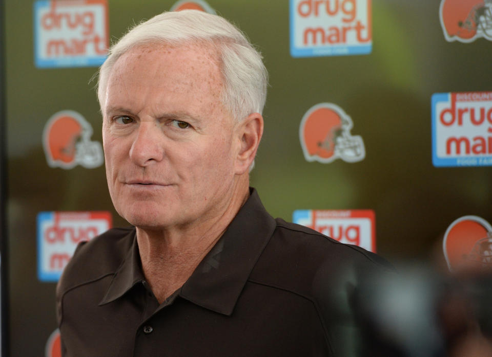 BEREA, OH - JULY 28, 2018: Owner Jimmy Haslam of the Cleveland Browns answers questions from the media prior to a training camp practice on July 28, 2018 at the Cleveland Browns training facility in Berea, Ohio. (Photo by Nick Cammett/Diamond Images/Getty Images)