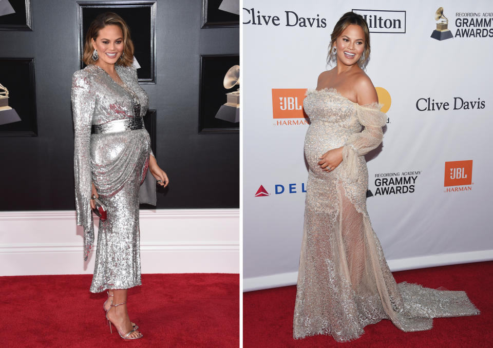 <p>Im November gab Chrissy Teigen ihre zweite Schwangerschaft bekannt. Seitdem zeigt das Model stolz ihren wachsenden Babybauch – zuletzt am Wochenende bei einer Party vor den Grammy Awards in einer schimmernden cremeweißen Robe sowie ganz in Silber bei der eigentlichen Preisverleihung. (Bilder: AP Photo/Getty Images) </p>