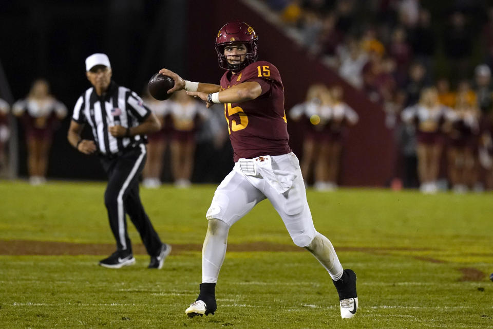 Iowa State quarterback Brock Purdy (15) throws a pass during the second half of an NCAA college football game against Kansas, Saturday, Oct. 2, 2021, in Ames, Iowa. (AP Photo/Charlie Neibergall)