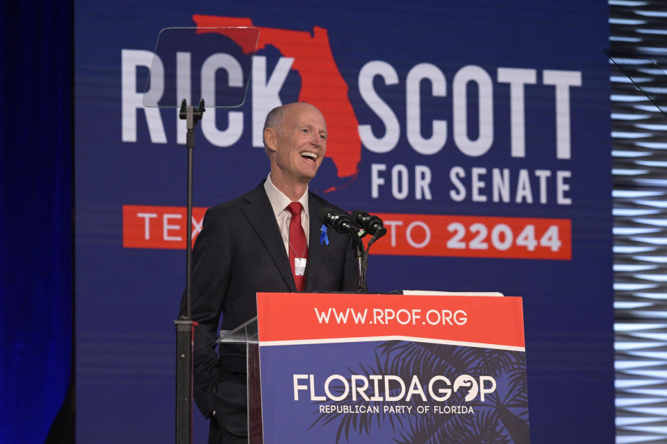 Sen. Rick Scott, R-Fla., addresses attendees at the Republican Party of Florida Freedom Summit, Saturday, Nov. 4, 2023, in Kissimmee, Fla. (AP Photo/Phelan M. Ebenhack)