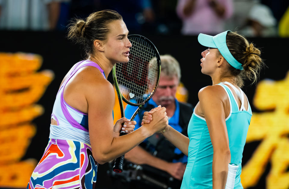 Aryna Sabalenka and Magda Linette, pictured here shaking hands after their semi-final at the Australian Open.