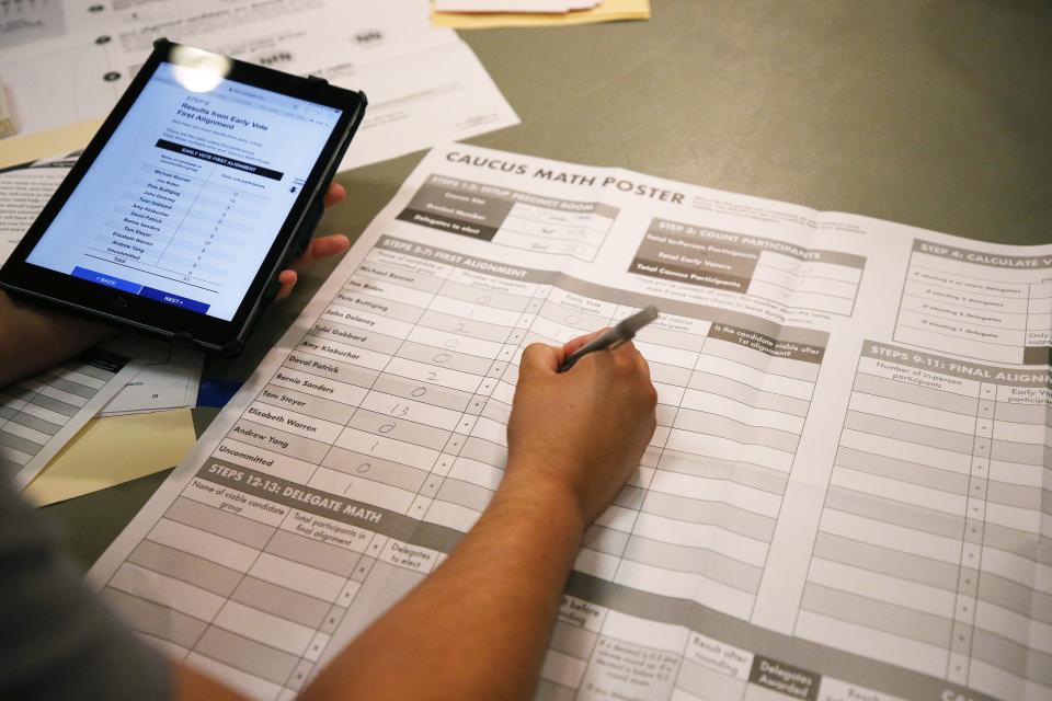 LAS VEGAS, NEVADA - FEBRUARY 22: Votes are recorded at a Democratic presidential caucus site at East Las Vegas Community Center on February 22, 2020 in Las Vegas, Nevada. Nevada Democrats hold their presidential caucuses today, the third nominating contest in the presidential primary season.  (Photo by Mario Tama/Getty Images) ORG XMIT: 775483455 ORIG FILE ID: 1208031259