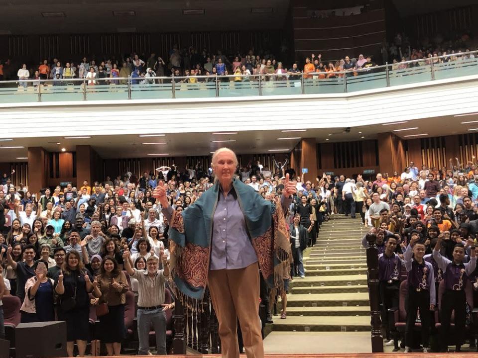 Famous primatologist Jane Goodall posing in front of the packed hall in USM after delivering her talk. &#x002014; Picture by Opalyn Mok