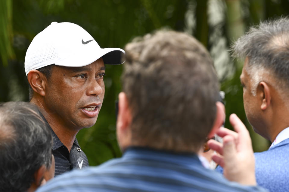 Tiger Woods, pictured here talking to the media at the Hero World Challenge at Albany in the Bahamas.