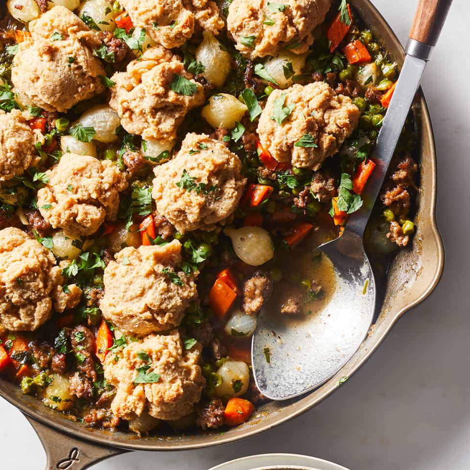 Skillet Beef Potpie with Buttermilk Biscuits