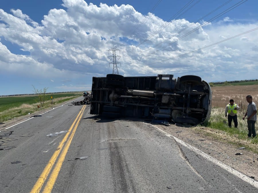 A rollover crash in Aurora closed the roadway due to spilled debris near East Colfax Avenue and Powhaton Road on May 20, 2024. (Aurora Police Department)