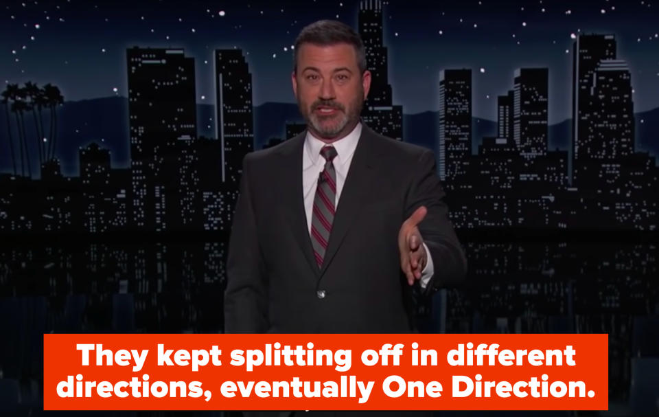 Jimmy saying "They kept splitting off in different directions, eventually One Direction"