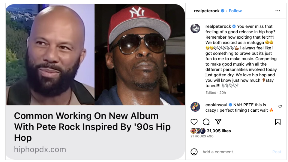 Pete Rock's Instagram post about his forthcoming joint album with Common