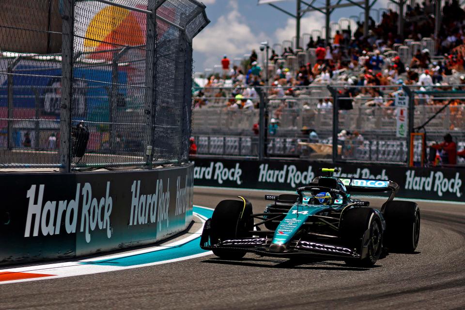 May 3, 2024; Miami Gardens, Florida, USA; Aston Matrin driver Fernando Alonso (14) during practice for the Miami Grand Prix at Miami International Autodrome. Mandatory Credit: Peter Casey-USA TODAY Sports