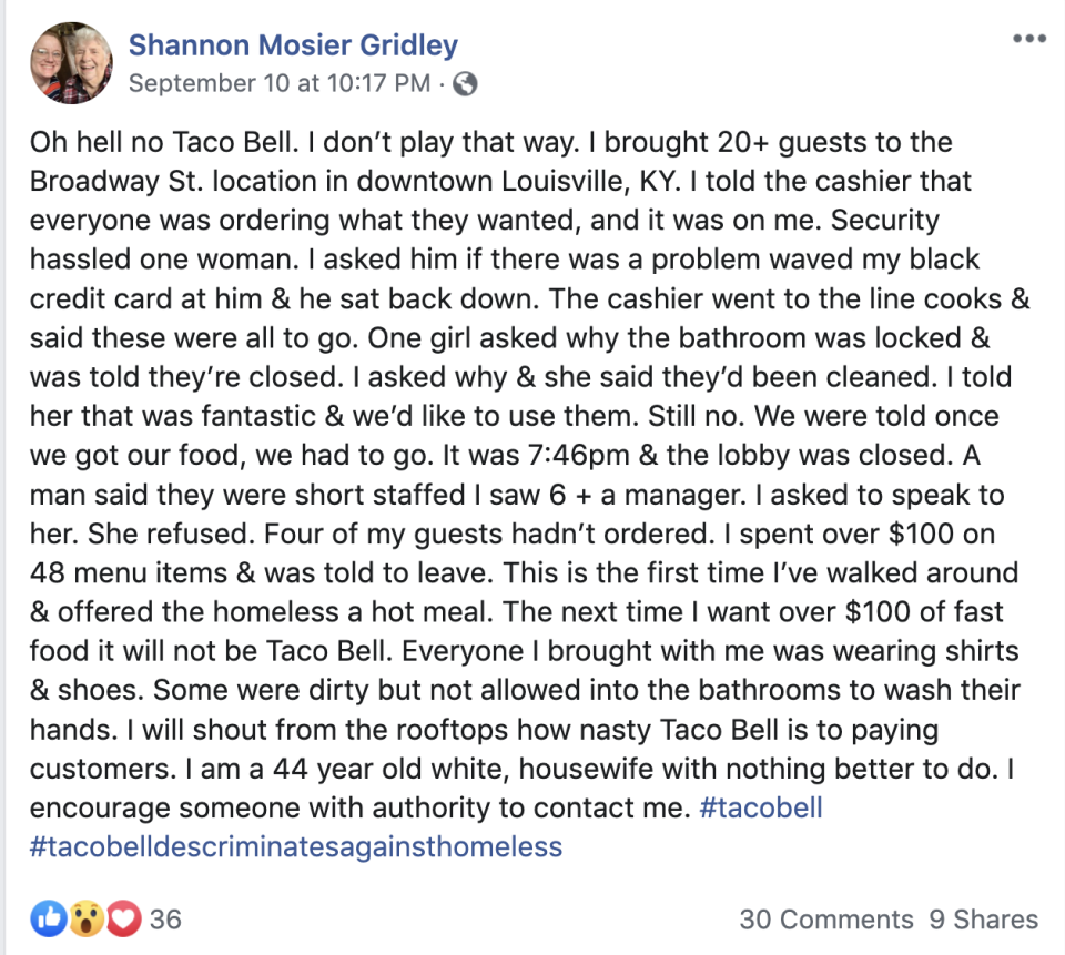 Shannon Mosier Gridley of Kentucky was kicked out of a Taco Bell while treating 20 homeless people to a meal. (Photo: Facebook/Shannon Mosier Gridley)