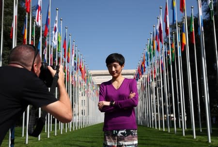 Hong Kong pro-democracy legislator Chan poses after her address to a session of the Human Rights Council at the United Nations in Geneva