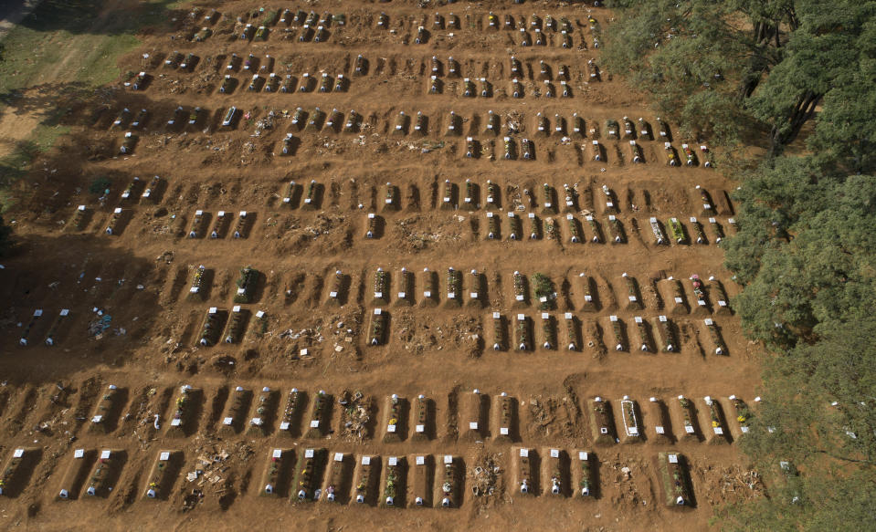 The graves of those that have died during the previous weeks are seen at the Vila Formosa cemetery, during the new coronavirus pandemic in Sao Paulo, Brazil, Thursday, April 30, 2020. (AP Photo/Andre Penner)