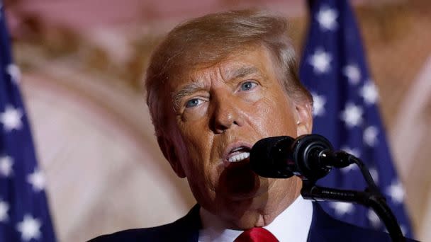 PHOTO: Former President Donald Trump announces that he will once again run for president in the 2024 presidential election during an event at his Mar-a-Lago estate in Palm Beach, Fla., Nov. 15, 2022.  (Jonathan Ernst/Reuters, FILE)