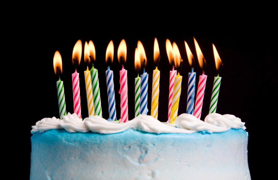 A birthday cake with lit candles