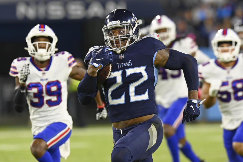 Tennessee Titans running back Derrick Henry (22) runs 76 yards for a touchdown against the Buffalo Bills in the first half of an NFL football game Monday, Oct. 18, 2021, in Nashville, Tenn. (AP Photo/Mark Zaleski)