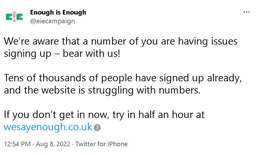 Enough is Enough launched on Monday morning but crashed soon after, claiming that 'tens of thousands' had already rushed to sign up and support the movement (Twitter/Enough is Enough)