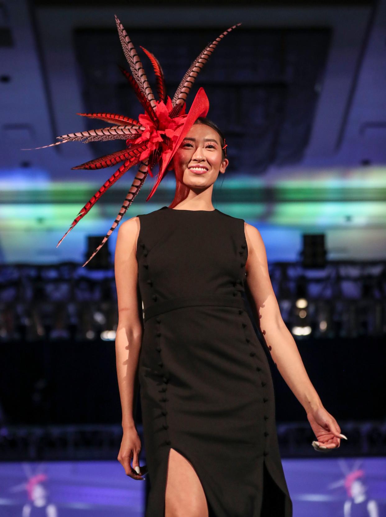 Model Michele Weaver of Heyman Talent shows off a Derby look at the 2022 Kentucky Derby Festival/Macy's Spring Fashion Show. Contributing sponsors are Guess ? Inc., Caesars Southern Indiana, J Michael's Spa & Salon and Radley London. March 31, 2022