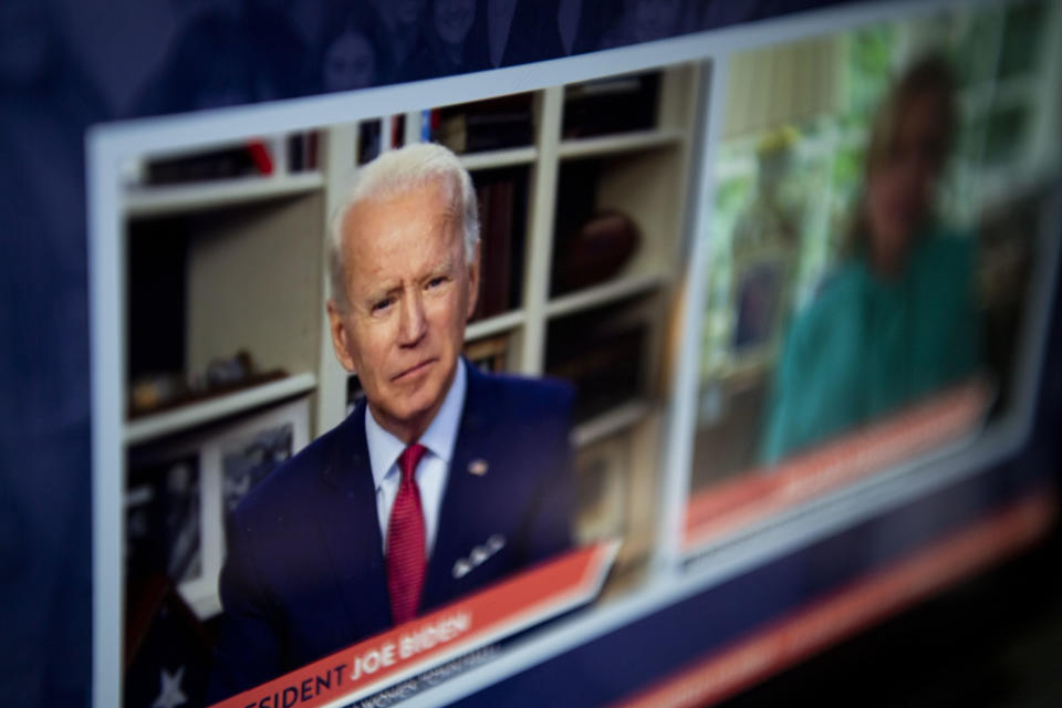 WASHINGTON, DC - APRIL 28:
Former Vice President Joe Biden speaks with Hillary Clinton during The Impact of COVID-19 on Women virtual town hall event as seen livestreaming on a laptop in Washington, DC on April 28, 2020. During the event, Hillary Clinton endorsed Joe Biden for president. (Photo by Carolyn Van Houten/The Washington Post via Getty Images)