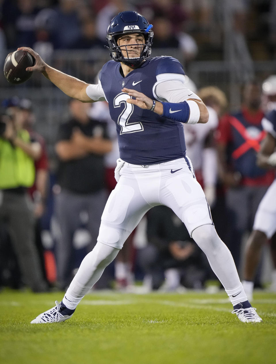 UConn quarterback Joseph Fagnano (2) throws the ball during the first half an NCAA college football game against North Carolina State in East Hartford, Conn., Thursday, Aug. 31, 2023. (AP Photo/Bryan Woolston)