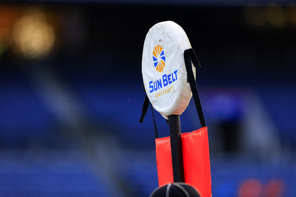 ATLANTA, GA - NOVEMBER 23:  A sideline marker with the Sun Belt logo during the college football game between the South Alabama Jaguars and the Georgia State Panthers on November 23, 2019 at Georgia State Stadium in Atlanta, Georgia.  (Photo by David John Griffin/Icon Sportswire via Getty Images)