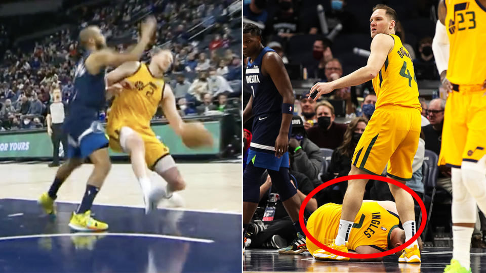 Aussie NBA star Joe Ingles is awaiting scans after suffering what looked to be a serious knee injury against the Minnesota Timberwolves. Pictures: NBA/Getty Images