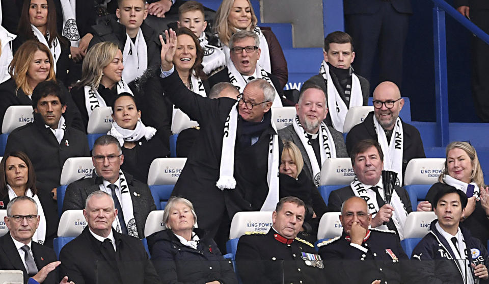 Former Leicester City Manager Claudio Ranieri, center, in the stands during the English Premier League soccer match between Leicester City and Burnley at the King Power stadium, Leicester, England. Saturday Nov. 10 2018 (Joe Giddens/PA via AP)