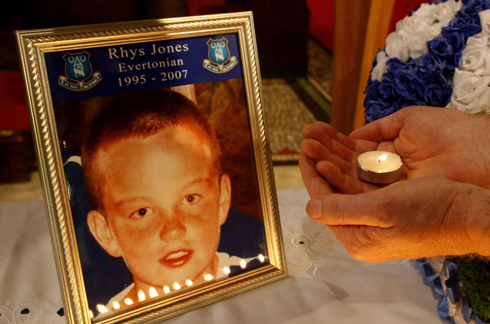 A tribute for murdered 11 year old Rhys Jones is seen in St Luke's Church in Liverpool.