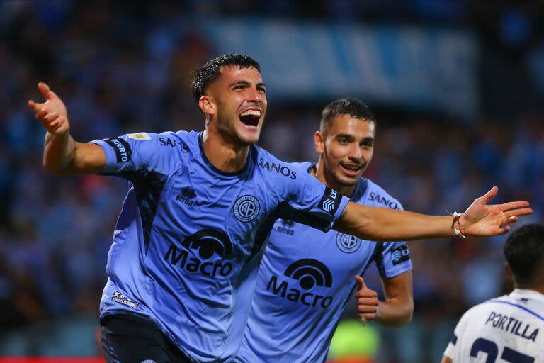 Nicolás Meriano grita su gol, el segundo de Belgrano