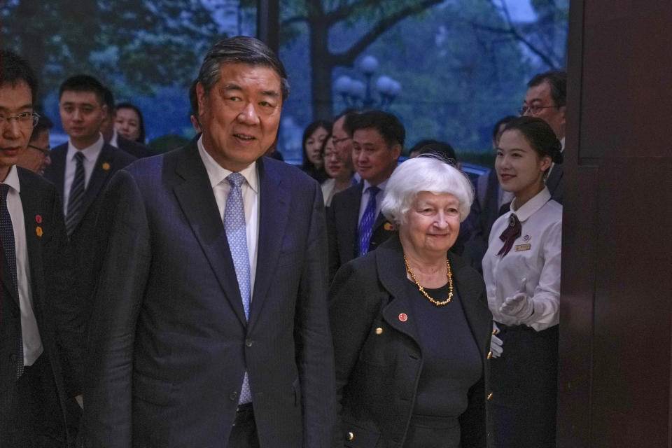 U.S. Treasury Secretary Janet Yellen, right, and Chinese Vice Premier He Lifeng arrive to a bilateral meeting at the Guangdong Zhudao Guest House in southern China's Guangdong province, Saturday, April 6, 2024. (AP Photo/Andy Wong, Pool)