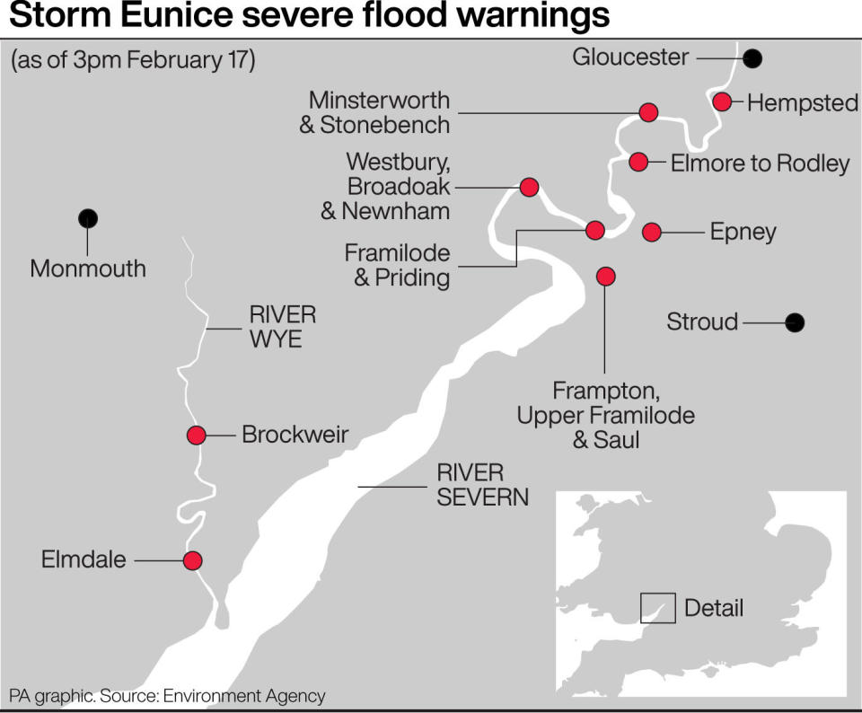 Storm Eunice severe flood warnings. See story WEATHER Storms. Infographic PA Graphics. An editable version of this graphic is available if required. Please contact graphics@pamediagroup.com.