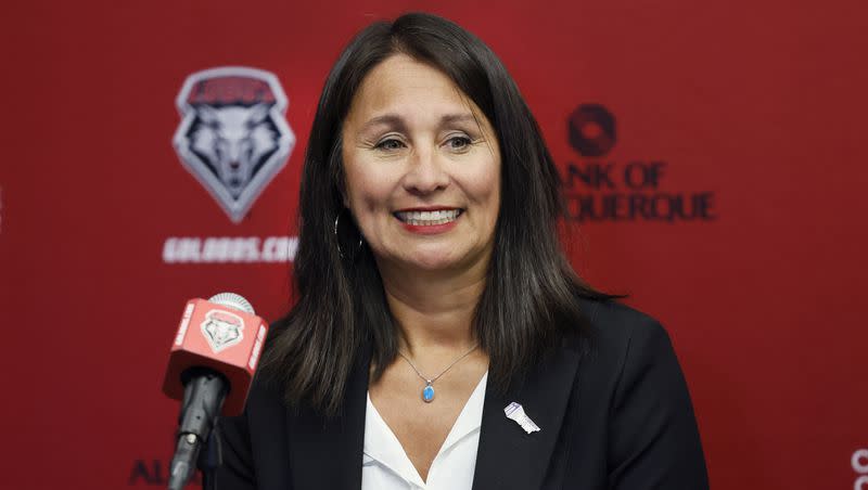  Gloria Nevarez who has been named the next commissioner of the Mountain West speaks during a news conference before an NCAA college basketball game between Air Force and New Mexico in Albuquerque, N.M., Jan. 27, 2023. 