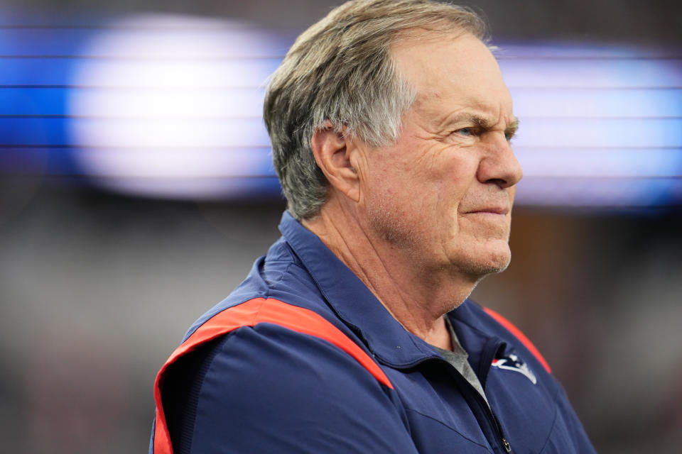 ARLINGTON, TX - OCTOBER 01: New England Patriots head coach Bill Belichick looks on before kickoff against the Dallas Cowboys at AT&T Stadium on October 1, 2023 in Arlington, Texas. (Photo by Cooper Neill/Getty Images)