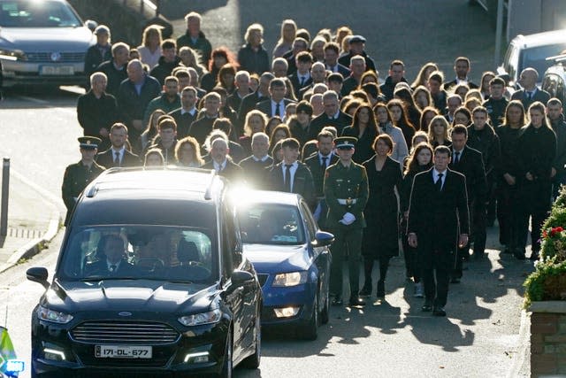 Family and mourners arrive at St Michael’s Church in Creeslough for the funeral mass of 49-year-old mother-of-four Martina Martin, who died following an explosion at the Applegreen service station in the village of Creeslough in Co Donegal on Friday