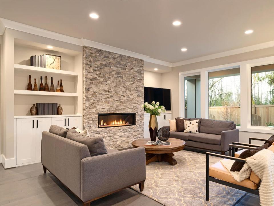 Living room with overhead lighting.