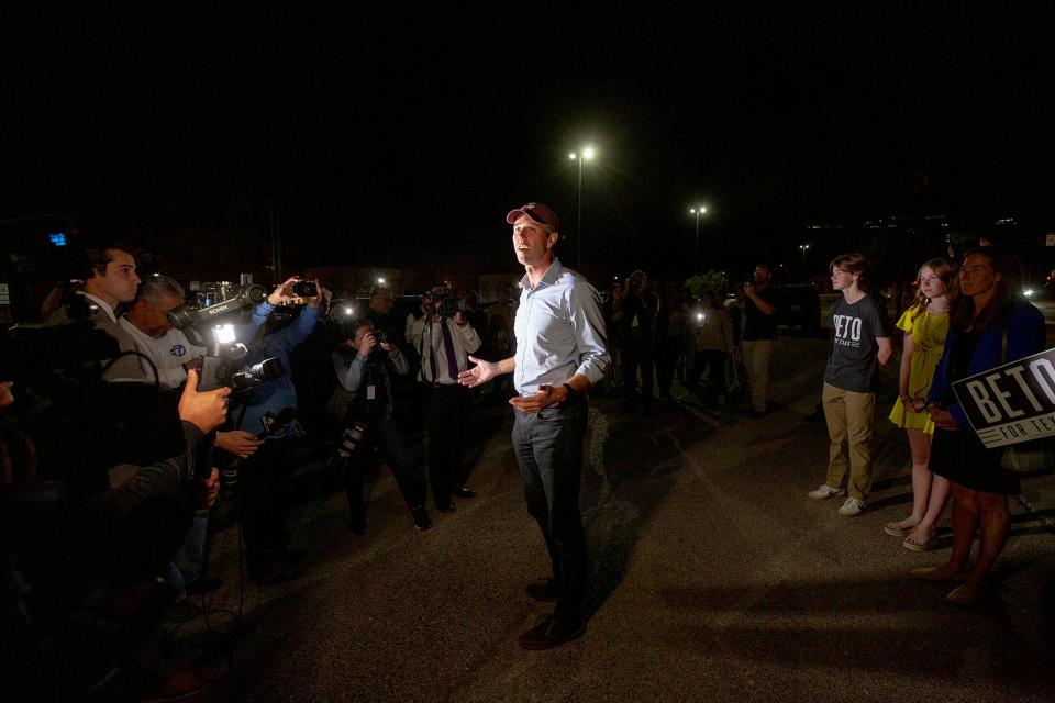 Democratic gubernatorial candidate Beto O’Rourke arrives at Mesita Elementary School in El Paso, Texas to hold his last campaign stop on election day on Tuesday Nov. 8, 2022. 