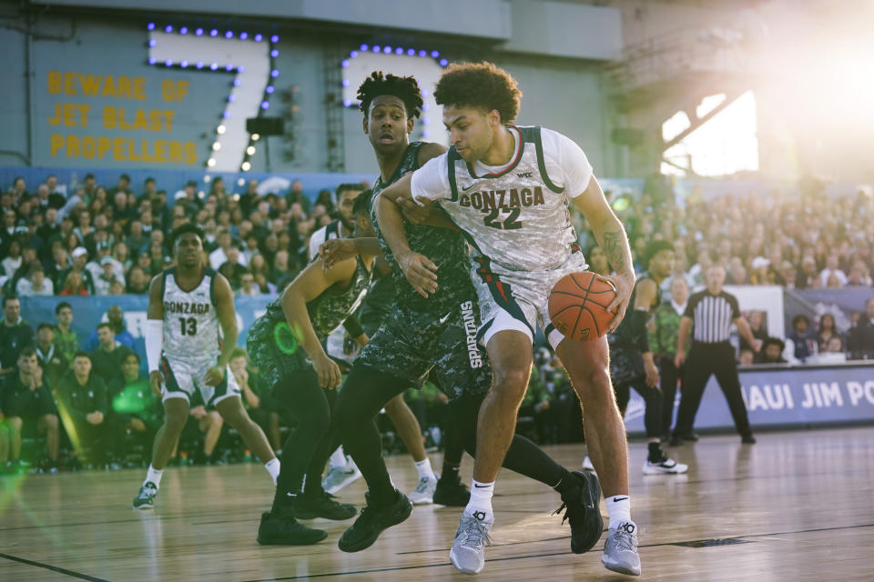 Gonzaga forward Anton Watson (22) controls the ball against Michigan State guard A.J. Hoggard (11) during the first half of the Carrier Classic NCAA college basketball game aboard the USS Abraham Lincoln in Coronado, Calif. Friday, Nov. 11, 2022. (AP Photo/Ashley Landis)