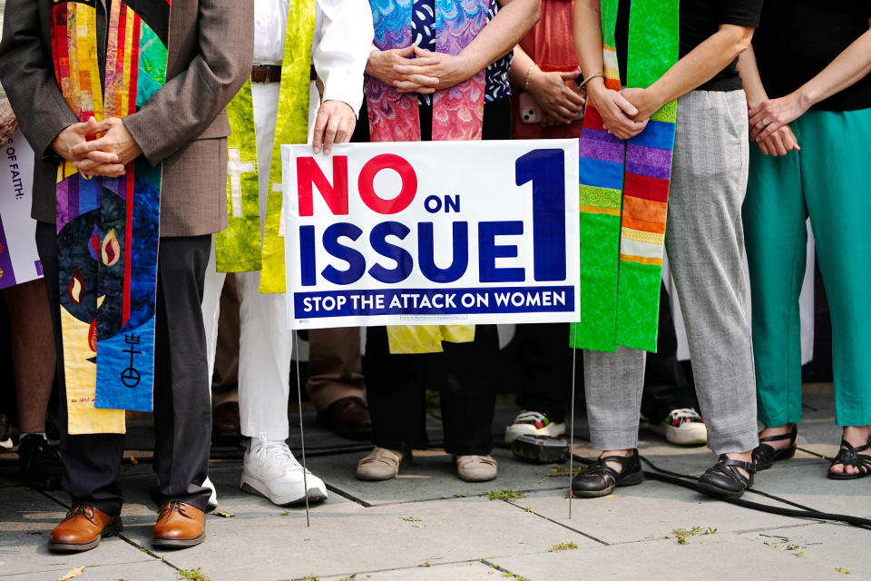 Aug 2, 2023; Columbus, Ohio, USA;  Multidenominational faith leaders from the Greater Columbus area gather to speak out against Issue 1 in a “Faith Votes No” rally at Washington Gladden Social Justice Park downtown. (Adam Cairns / Columbus Dispatch/USA Today Network)