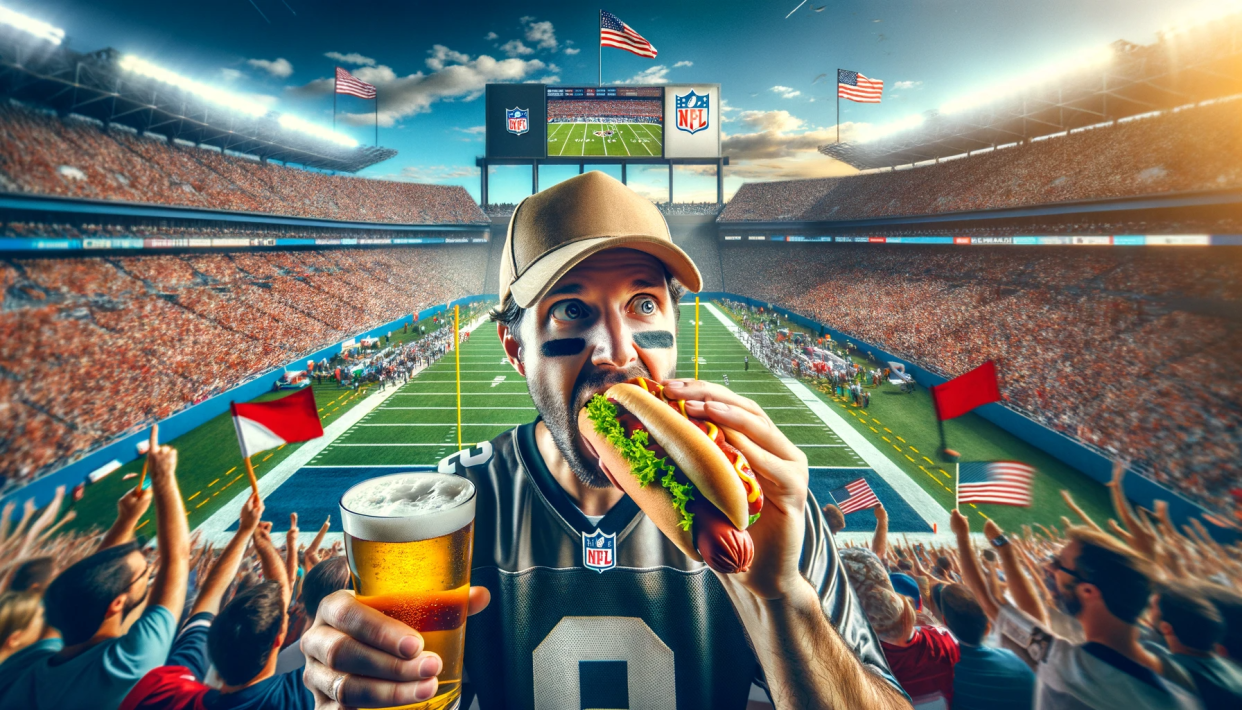 An AI-generated image of an NFL fan who's got the stadium behind him while he gets ready to sink into a beer and hotdog.