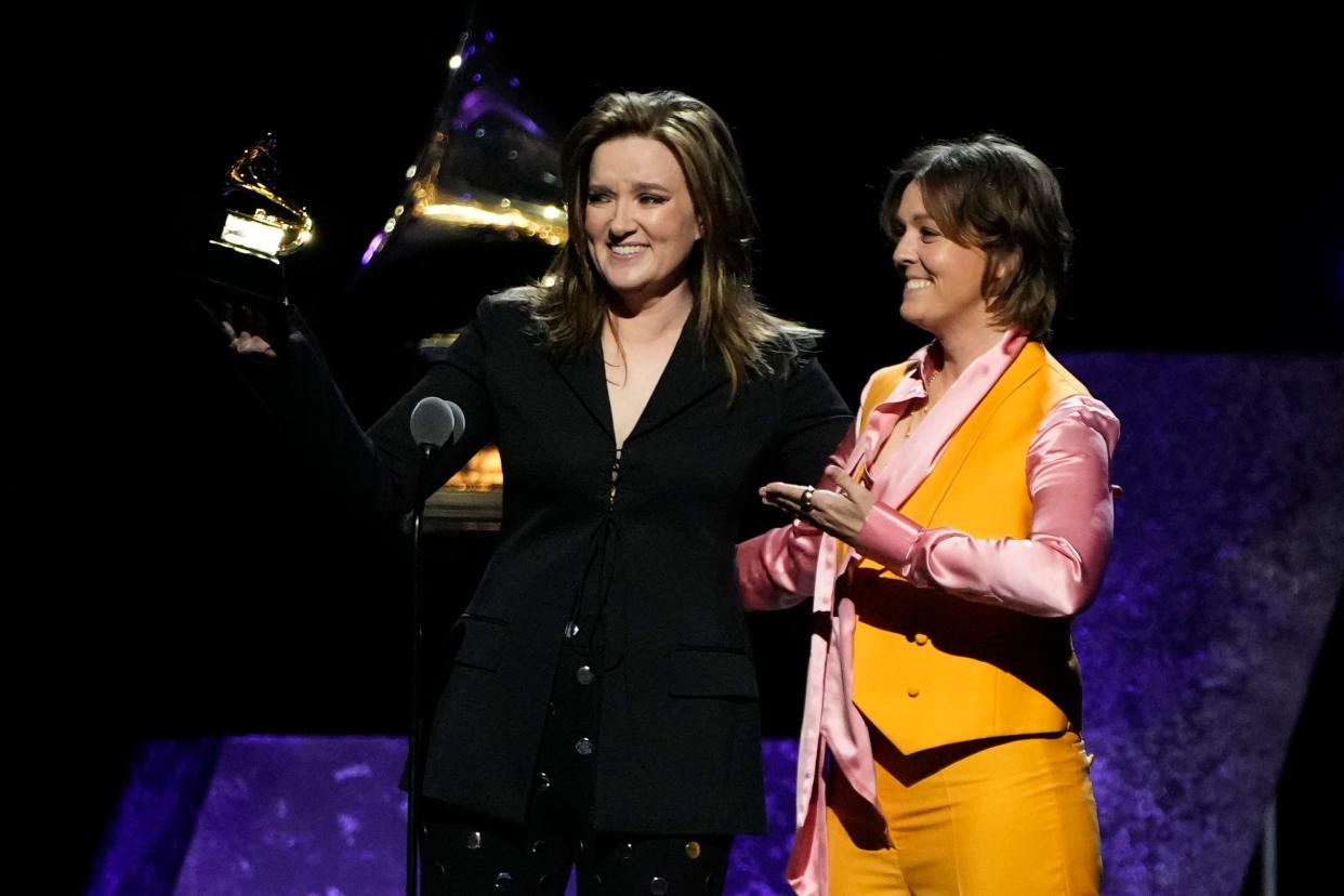 Feb 4, 2024; Los Angeles, CA, USA; Brandy Clark (left) and Brandi Carlile accept the award for Best Americana Performance during the 66th Annual GRAMMY Awards Premiere Ceremony at the Peacock Theater in Los Angeles on Sunday, Feb. 4, 2024.