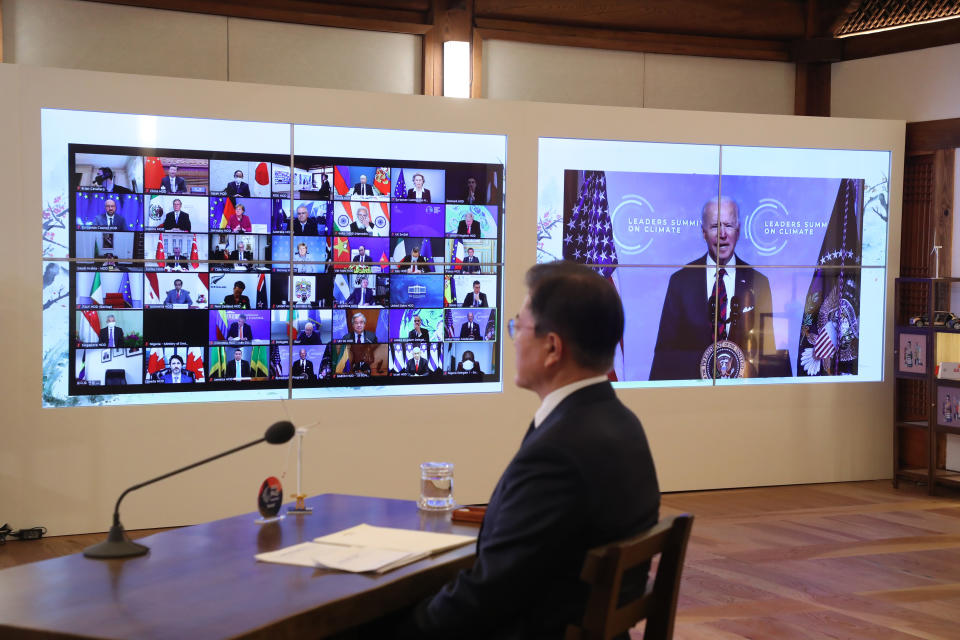 South Korean President Moon Jae-in attends at the virtual Leaders Summit on Climate, at the presidential Blue House in Seoul, South Korea, Thursday, April 22, 2021. (Lee Jin-wook/Yonhap via AP)