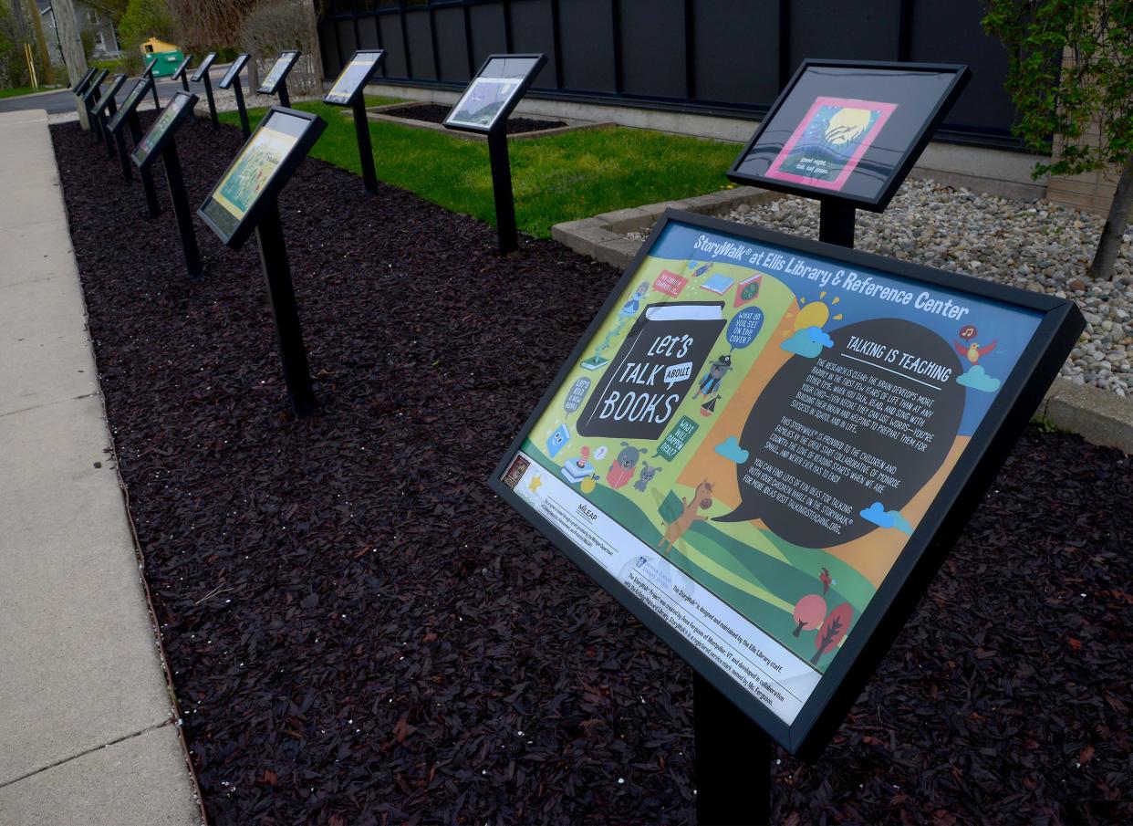 StoryWalk, a permanent outdoor story fixture, is located at the Ellis Library & Reference Center.