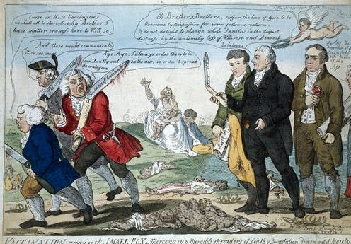 <span class="caption">English physician and scientist, who was the pioneer of smallpox vaccine, Edward Jenner sees off the anti-vaccinators.</span> <span class="attribution"><a class="link " href="https://en.wikipedia.org/wiki/Edward_Jenner#/media/File:Jenner_and_his_two_colleagues_seeing_off_three_anti-vaccinat_Wellcome_V0011075.jpg" rel="nofollow noopener" target="_blank" data-ylk="slk:Wikimedia/Wellcome Collection;elm:context_link;itc:0;sec:content-canvas">Wikimedia/Wellcome Collection</a></span>