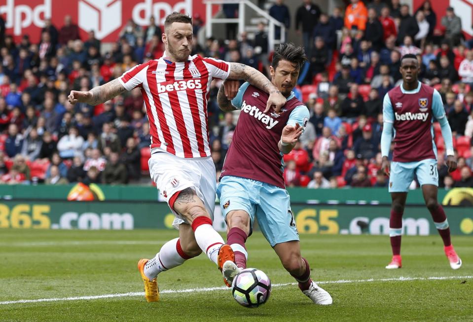 <p>Stoke City’s Marko Arnautovic in action with West Ham United’s Jose Fonte </p>