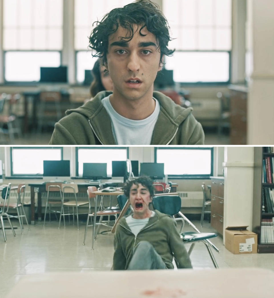 Two scenes of actor Alex Wolff as Peter in the movie "Hereditary" expressing shock and distress in a classroom