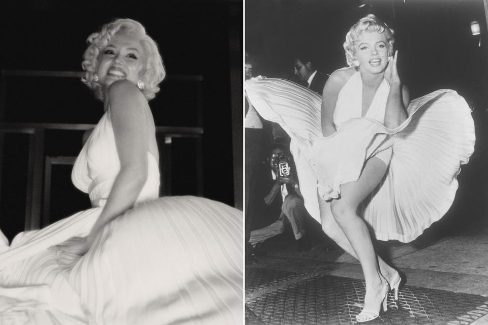 Side-by-side comparison of Ana De Armas in Marilyn Monroe costume and the real Marilyn Monroe.