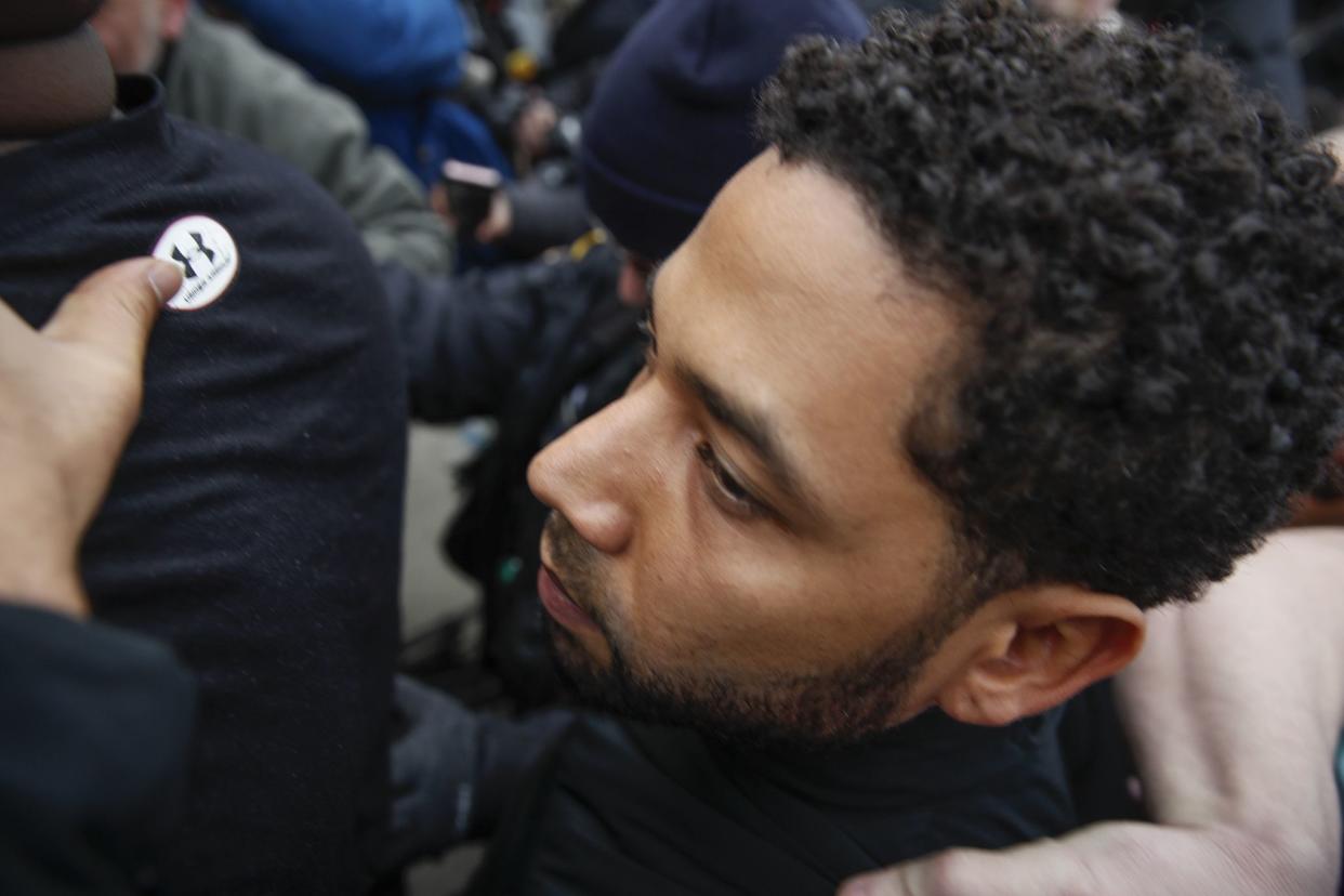 "Empire" actor Jussie Smollett leaves Cook County jail following his release on Feb. 21, 2019, in Chicago, Ill. Smollett was charged with disorderly conduct and filing a false police report when he said he was attacked in downtown Chicago by two men who hurled racist and anti-gay slurs and looped a rope around his neck, a police official said.