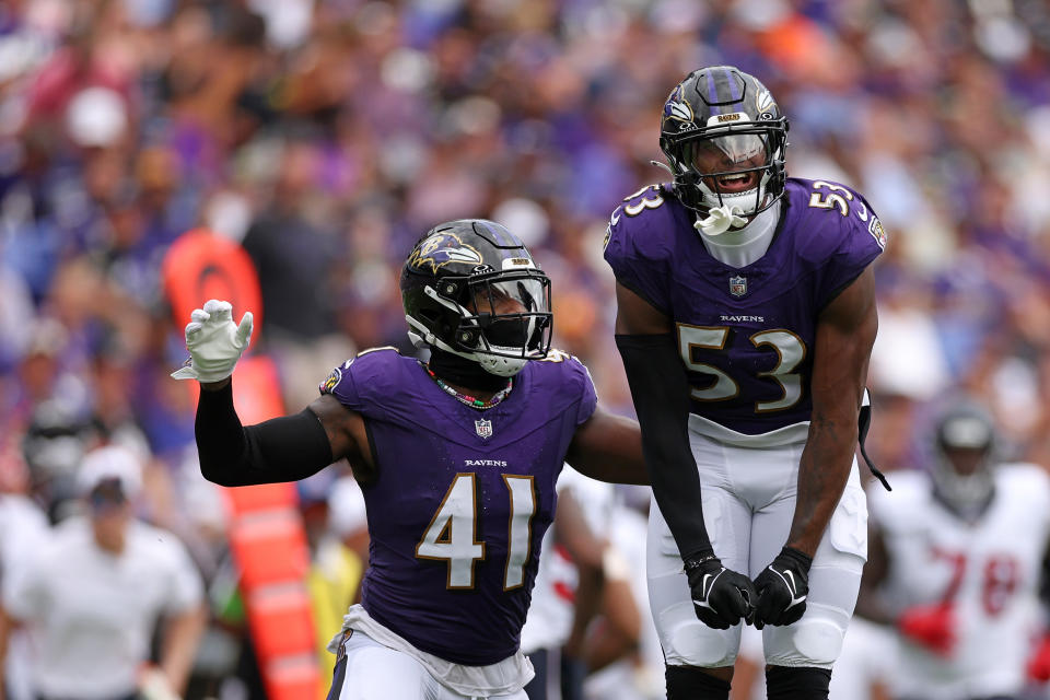 BALTIMORE, MARYLAND – SEPTEMBER 10: Del’Shawn Phillips #53 of the Baltimore Ravens celebrates a tackle with teammate Daryl Worley #41 against the Houston Texans during the first half at M&T Bank Stadium on September 10, 2023 in Baltimore, Maryland. (Photo by Patrick Smith/Getty Images)