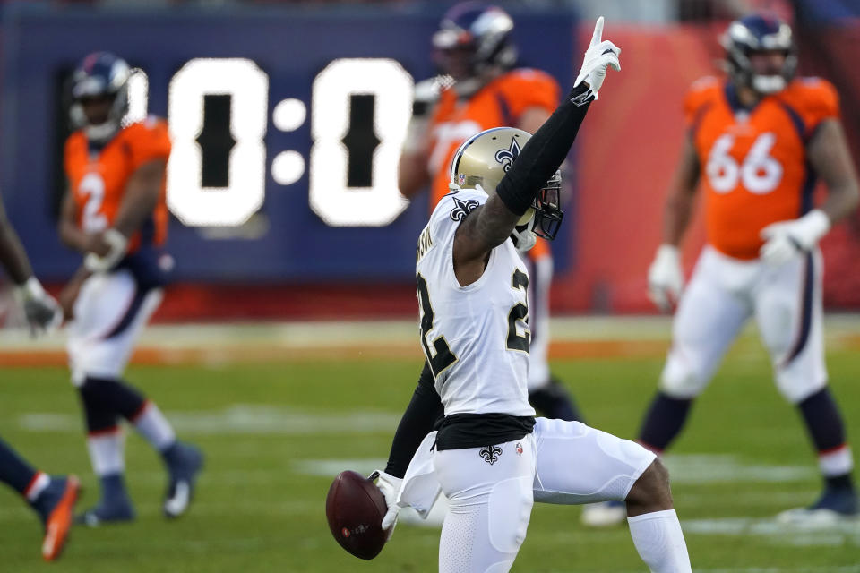 New Orleans Saints safety Chauncey Gardner-Johnson (22) celebrates his interception against the Denver Broncos during the second half of an NFL football game, Sunday, Nov. 29, 2020, in Denver. (AP Photo/Jack Dempsey)