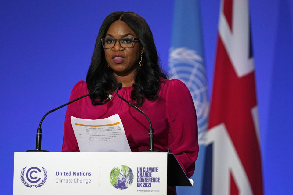 Damilola Ogunbiyi, CEO and Special Representative of the UN Secretary-General for Sustainable Energy for All and Co-Chair of UN-Energy speaks on Energy at the COP26 U.N. Climate Summit in Glasgow, Scotland, Thursday, Nov. 4, 2021. The U.N. climate summit in Glasgow gathers leaders from around the world, in Scotland's biggest city, to lay out their vision for addressing the common challenge of global warming. (AP Photo/Alastair Grant)