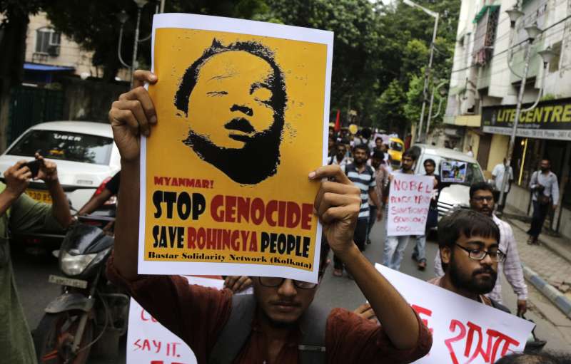 印度非穆斯林人權團體聲援緬甸羅興亞難民。（美聯社）